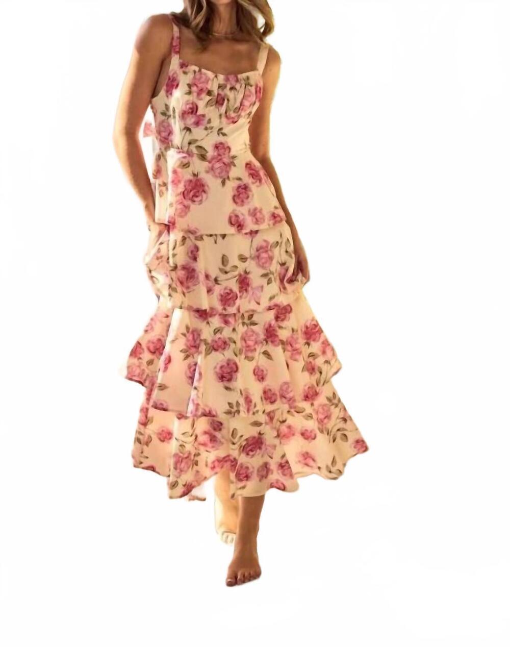 NEW LOVLOV rosalie layers of love ruffled maxi dress in beige
